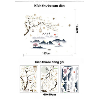 Decal dán tường cành mai và núi 02( tranh ghép)