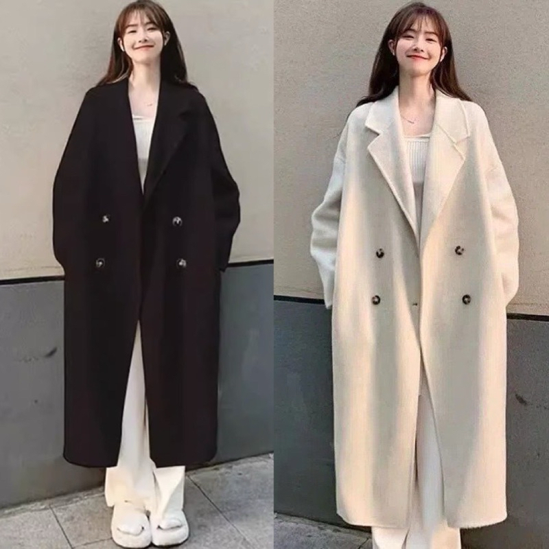 Áo khoác dạ dáng dài 2 lớp form rộng 4 cúc túi sườn be đen, Áo khoác blazer nữ cổ vest chất dạ lì phong cách ulzzang