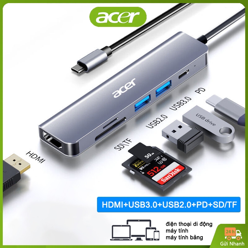 Bộ Chia Type-C Acer T6 6 in 1 Hub USB Truyền Tốc Độ Cao USB3.0 + USB2.0 + Sạc nhanh PD100W + HDMI 4K + Khe Cắm Thẻ SD/TF
