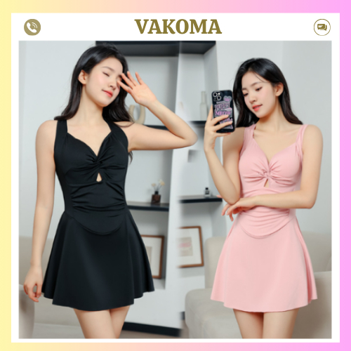 Bikini 1 Mảnh Dáng Thể Thao Đồ Bơi Liền Thân Dạng váy 2 Dây Giấu Bụng Che Mông Kín Đáo Tôn Dáng VAKO