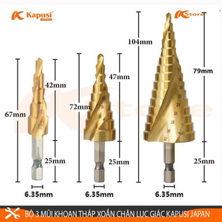 Mũi khoan tháp 4-12mm, 4-22mm, 4-32mm Kapusi Japan, chất liệu HSS phủ titan siêu cứng siêu bền - Hàng chính hãng