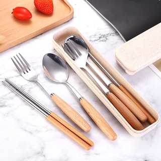 Bộ đũa thìa inox 304 có cán cầm tay bằng gỗ tặng kèm dĩa