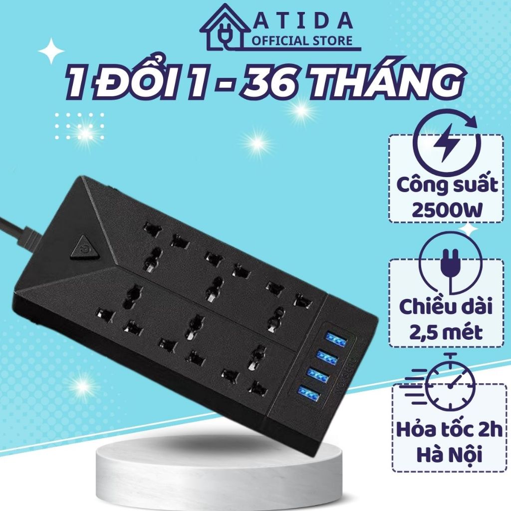 Ổ Cắm Điện Đa Năng ATIDA Chống Giật Chống Cháy Tải 2500w,Tích Hợp 4 Cổng USB Dây Dài 2,5M Tiện Dụng, An Toàn