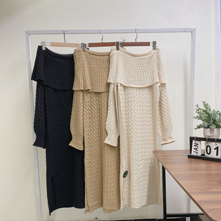 Váy len trễ vai vân suông xẻ chân 1993s boutique