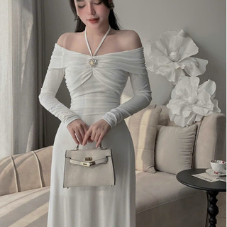 Đầm Maxi Trễ Vai Tay Dài Đính Tag Đá Chất Thun Gân Sọc Tăm Co Dãn Hàng Thiết Kế Cao Cấp Form Dáng Siêu Sang Chảnh