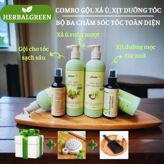 Combo Gội Xả Xịt tóc Herbal Green,dầu gội thảo dược chắc khỏe tóc, xả ủ mềm mượt phục hồi hư tổn, xịt kích thích mọc tóc