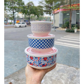 Bộ 3 tô sứ thố sứ tô sứ có nắp đậy hoạ tiết