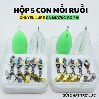 Hộp 5 Con Mồi Ruồi Giả Có Cánh Câu Lure Cá Mương, Rô Phi, Mương Mỏ Nhọn, Thiểu, Ngão,...+ 2 Hạt Trợ Lực