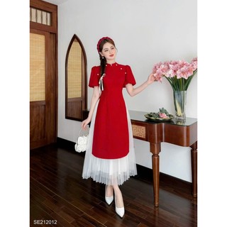 Áo dài cách tân nữ ❤️freeship❤️ cổ tròn tay ngắn đính hạt xinh xắn
