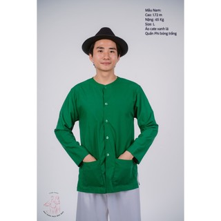 Bộ áo bà ba nam phối áo cate xanh lá + Quần cate trắng - Có bộ bà ba Bigsize