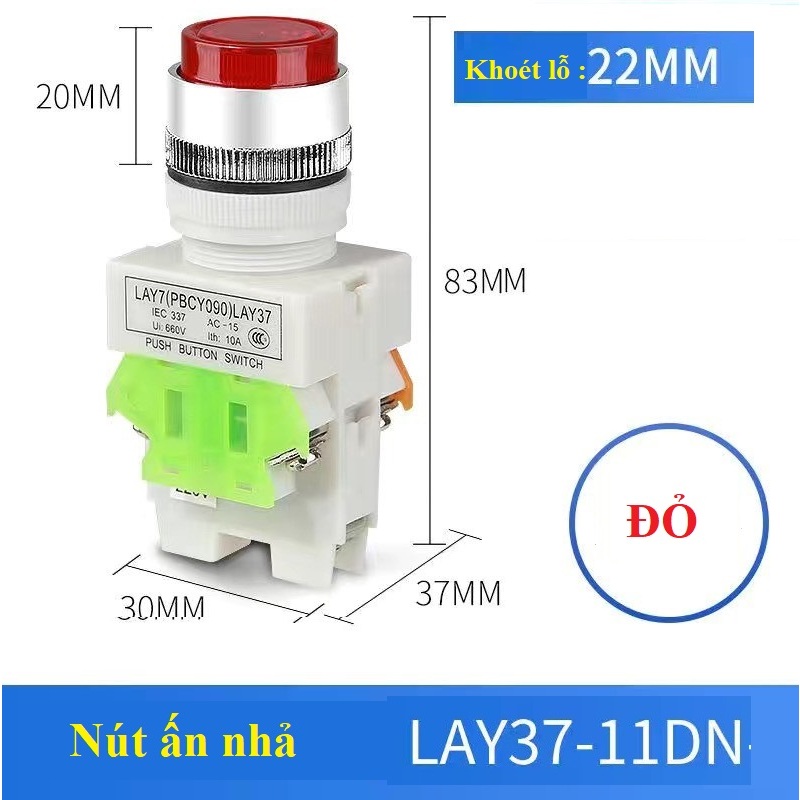 Combo 10 Nút ấn có đèn phi 22MM LA37-11 220V - Nút ấn nhả, ấn giữ có đèn 220V
