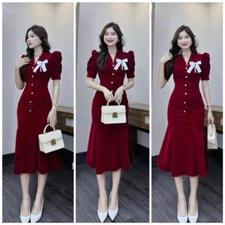 Đầm váy mặc Tết chất NHUNG cứng cổ v xẻ đính nút tay phồng ngắn kèm phụ kiện nơ váy xoè đuôi cá màu đỏ