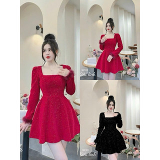[-30%] Đầm xinh 4 mùa chất siêu Hottren chất NHUNG KIM TUYẾN cổ vuông tay dài đính lông váy xoè mini đen đỏ