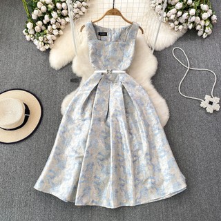 #4476 Đầm Quảng Châu cổ vuông kèm thắt lưng dáng A xếp ly đủ size