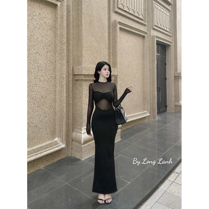 Đầm body nữ phối lưới dáng dài đuôi cá