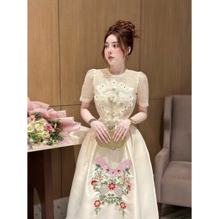 ( SALE ) Váy đầm tafta pha ren thêu hoa
