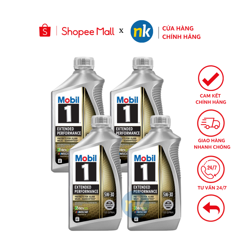 [Mẫu Mới] Bộ 4 Bình Nhớt Tổng Hợp cho xe máy và ô tô Mobil 1 SAE 5W30 1L NK