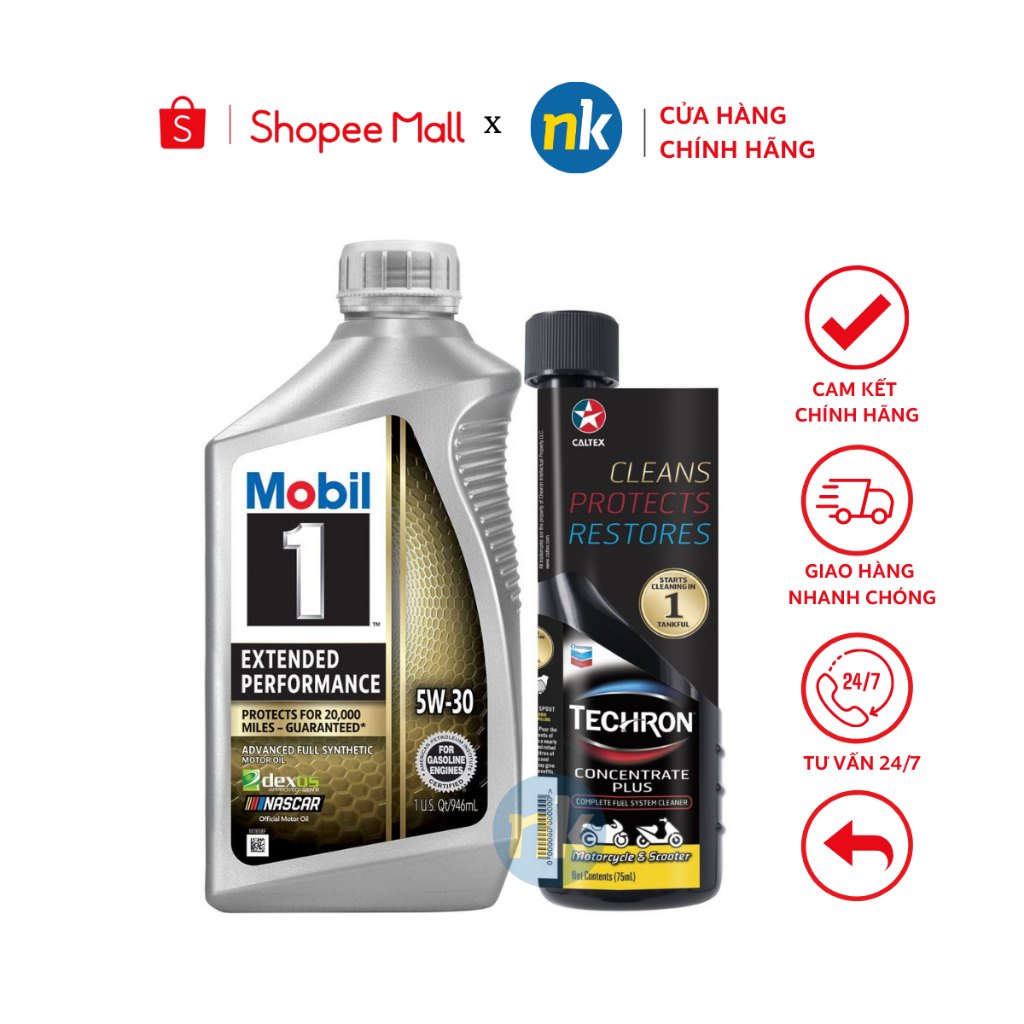 Combo Nhớt tổng hợp cao cấp xe máy, ô tô Mobil 1 EP 5W30 946ml NK và chai phụ gia xăng Caltex TCP 75