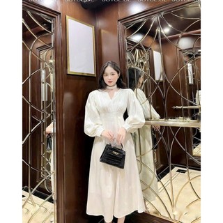 Đầm Dáng Dài Tay Bồng Màu Trắng Đen Dự Tiệc, Váy Tay Dài Có tặng kèm Choker [Có bigsize]