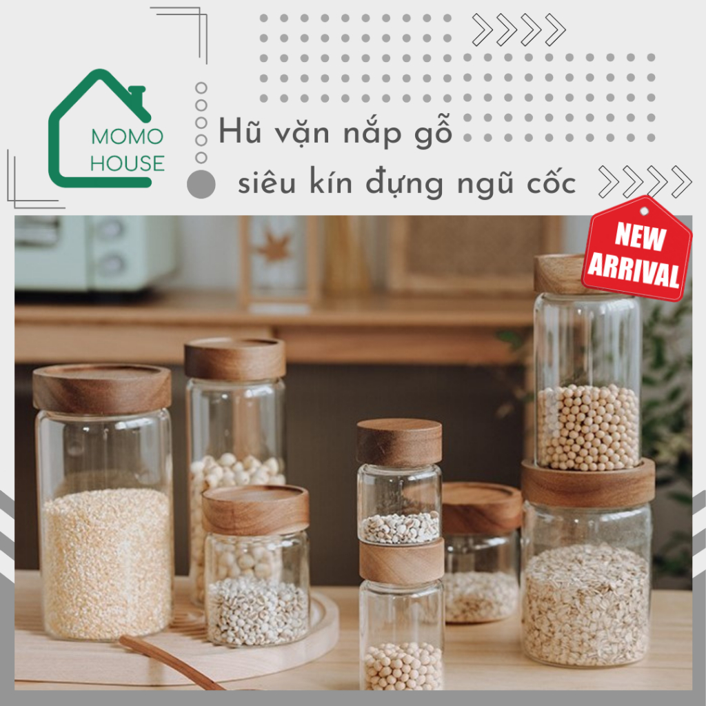 Hũ Thuỷ Tinh Nắp Gỗ Vặn Chặt Siêu Kín Đựng Ngũ Cốc, Đường, Gia Vị, Lọ Thuỷ Tinh Nắp Gỗ Giữ Ẩm Siêu Tốt Đựng Thực Phẩm