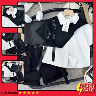 Bộ sơ mi vạt chéo chất sơ mi đũi kết hợp vạt chéo tuyết mưa quần ka ki cho bé size 9-30kg