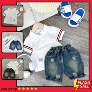 Bộ po lo viền tay cho bé trai áo cộc chất gai thông hơi thoáng mát quần đùi jean rách cá tính size 8-28kg