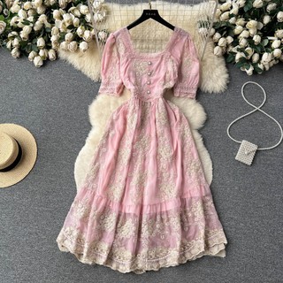 #4486 [Sẵn một số size] Đầm Quảng Châu tay ngắn cổ vuông lót trong viền ren siêu xinh 3 màu