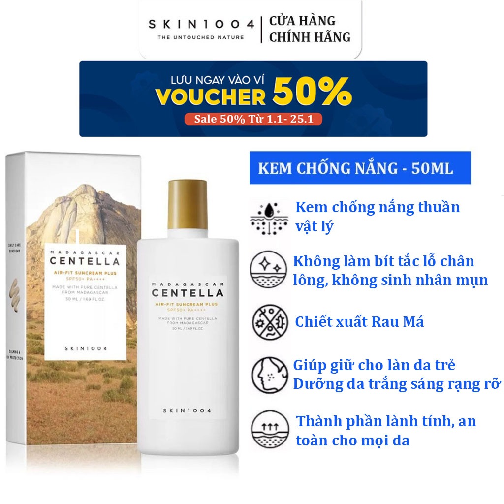 Kem chống nắng Skin 1004 SPF50+ PA++++ 50ml Madagascar Centella chiết xuất rau má cho da dầu và da nhạy cảm