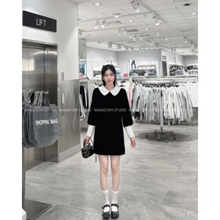 (Sẵn) VÁY NHUNG SUÔNG ĐEN CỔ SEN metwo.dearu - Đầm nhung ngắn babydoll dáng A pha cổ trắng tay bồng 2 lớp ulzzang HQ