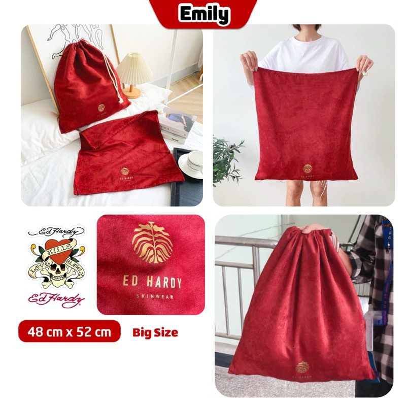 Túi Dây Rút Cỡ Lớn Ed Hardy Bigsize Nhung Đỏ Rút Một Chiều