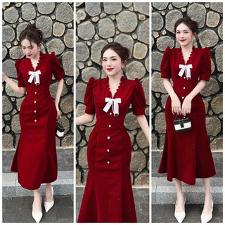 Đầm midi nhung đỏ đuôi cá tag nơ trắng