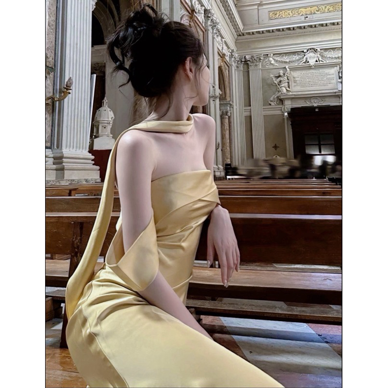 Đầm Lụa Dự Tiệc Dáng Dài Trễ Vai Sang Chảnh - Váy Lụa Dáng Dài Trễ Vai Hở Lưng Tôn Dáng (Có Mút) - J