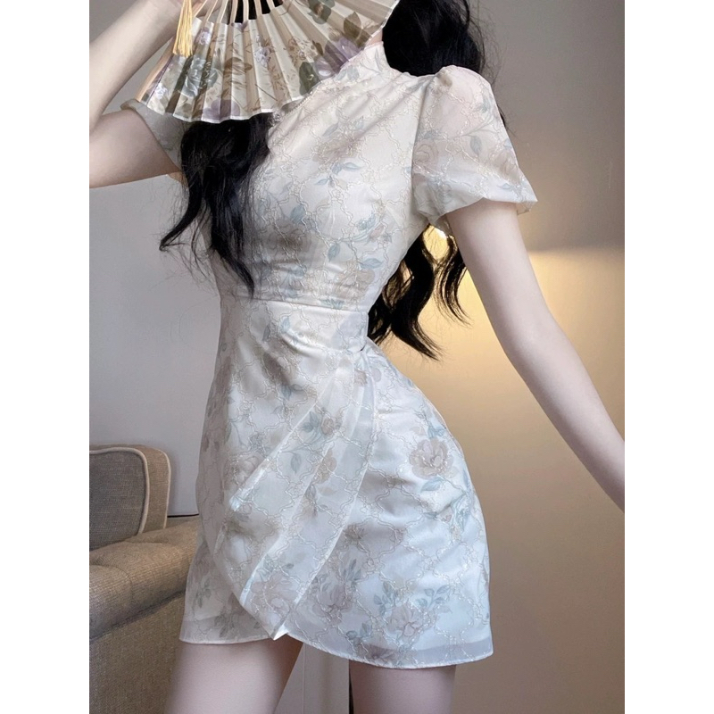 Đầm sườn xám cổ tàu tay bồng chất gấm cao cấp đầm nữ thời trang ngày tết
