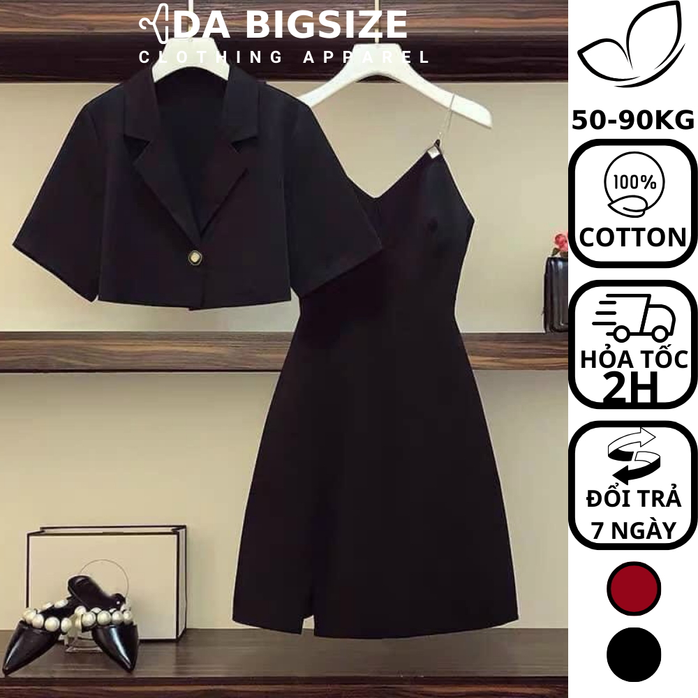 DA BIGSIZE - Set Đầm Dây Aó Khoác Nữ Bigsize Kiểu Xẻ Đùi Phù Hợp Đi Tiệc Đi Làm Đều Đẹp Dành Cho Người Mập 50.90kg