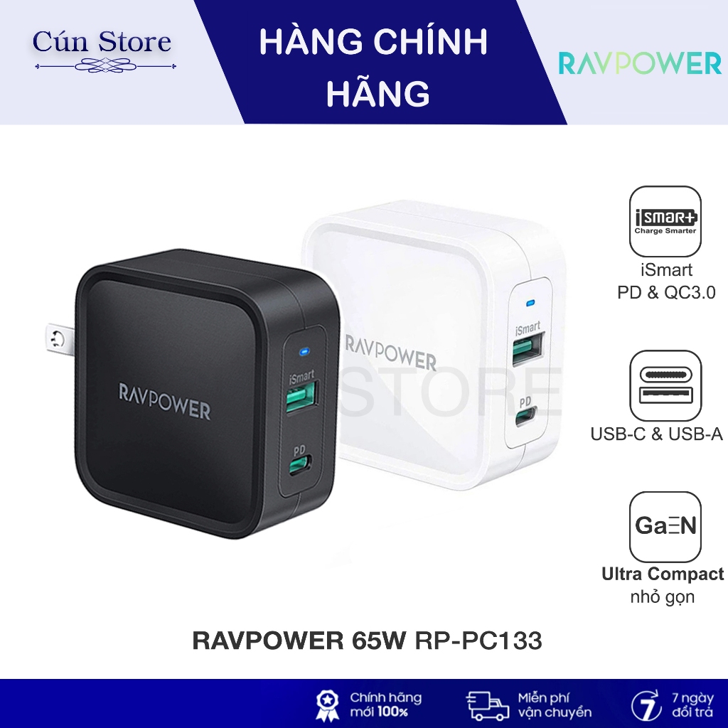 Củ sạc 65W RavPower PD 2 cổng GAN TECH RP-PC133, RP-CPCN002, sạc nhanh 65W chính hãng | Bảo hành 6 t