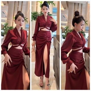 Set Áo Body Thắt Dây Eo Tạo Kiểu Cổ V Kèm Chân Váy Xẻ Tà Siêu Sang, Chất Phi Thái Xịn Sò, 5 Màu Đỏ Cam Đen Xanh Trắng💥