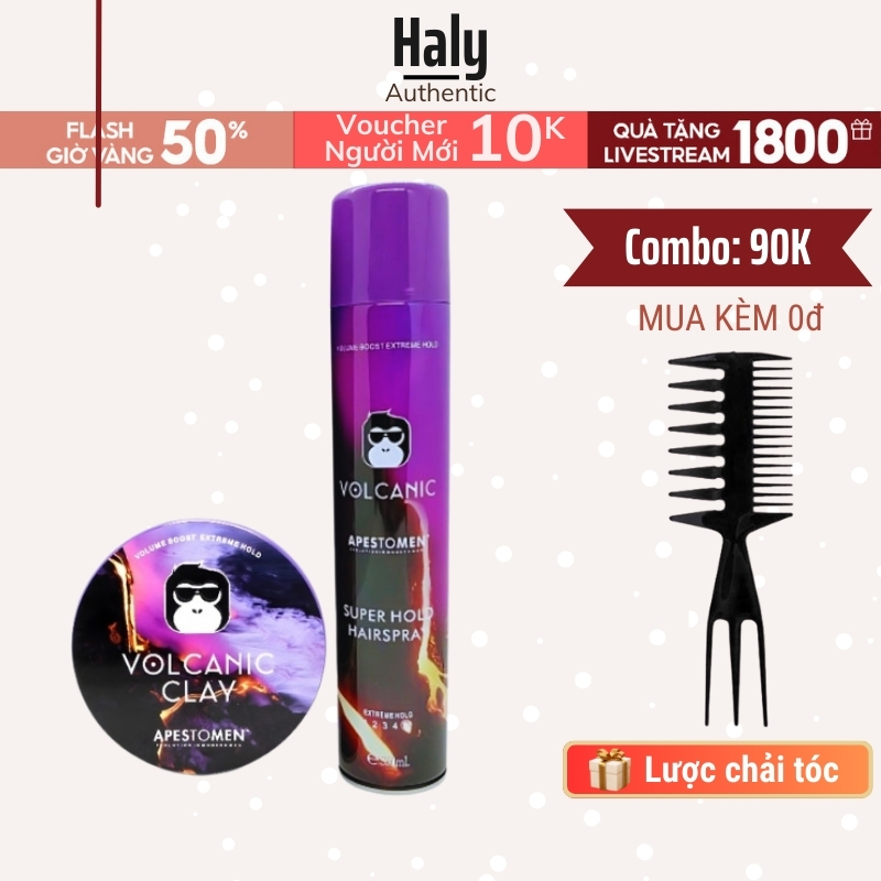 Gôm Xịt Tóc Nam Volcanic Clay 350ml Kèm Sáp Vuốt Tóc Vocalic nắp nhôm Clay lược xương cá Haly Auth