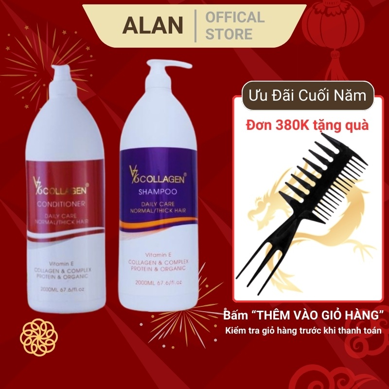 Cặp Gội Xả Phục Hồi Tóc Hư Tổn V76 Collagen Italy 2000ML, Dầu Gội Thảo Dược Cung Cấp Dưỡng Chất Vitamin E Alan Costic