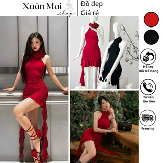 Đầm con mực ôm body cổ yếm đính hoa tua rua phong cách y2k hai màu đen đỏ mặc Noel Tết