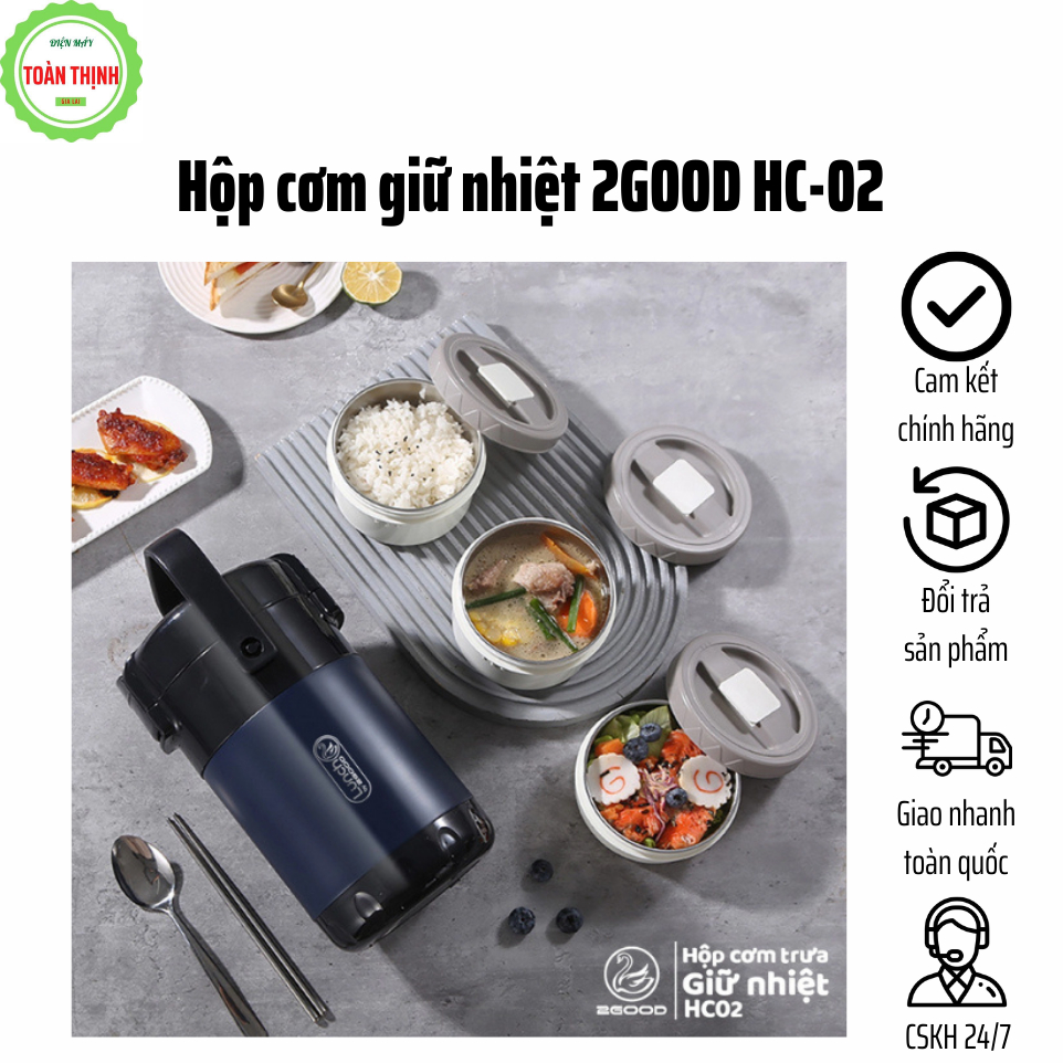 Hộp cơm giữ nhiệt 2GOOD HC-02 HC-02 2 Lít, Hộp cơm văn phòng 3 ngăn giữ nhiệt 24h