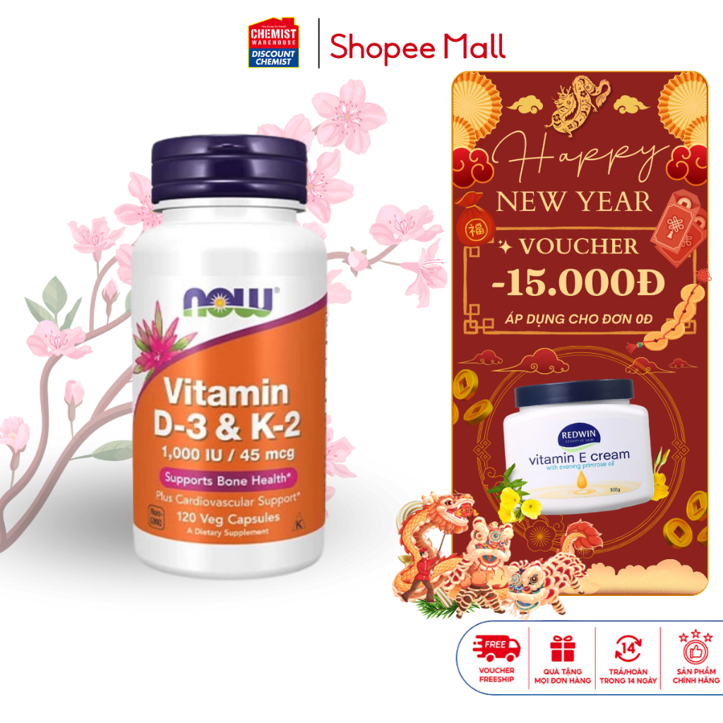 Bổ sung vitamin D3, K2 Now Vitamin D-3 & K-2, 1,000 IU / 45 mcg 120 viên tăng sức đề kháng, cải thiện sức mạnh cơ bắp