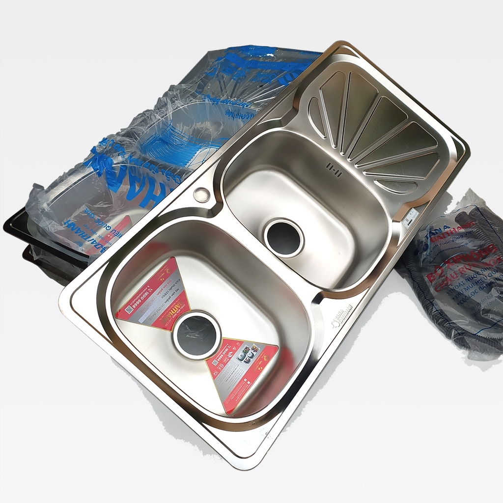 Chậu Rửa Bát Inox Tân Á Đại Thành RA03 - Kích thước 101x47cm loại 2 hộc 1 cánh rộng rãi, tặng kèm bộ xi phông