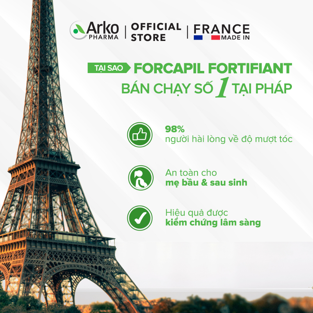 Viên uống Forcapil Arkopharma - Chuẩn y khoa, kích thích mọc tóc dày và chắc khỏe, ngăn tóc bết dính 60v - NT Bình An