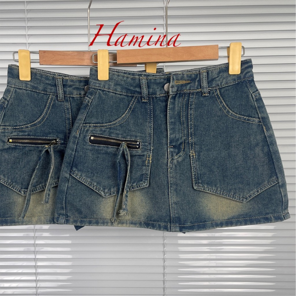 Chân Váy Jeans Dáng Ngắn Hamina, Váy Jean Túi Nhọn Khoá Nơ