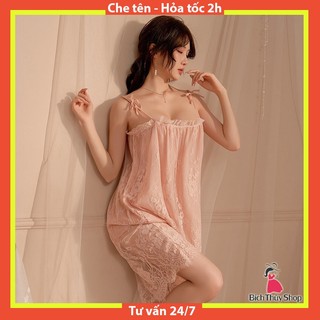 Đầm ngủ hai dây suông phối ren dễ thương màu hồng nude BT047C