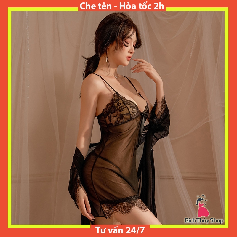 Váy Ngủ Sexy Ren Ngực Kèm Áo Choàng Ngủ Và Quần Lót Lọt Khe Gợi Cảm BT019D