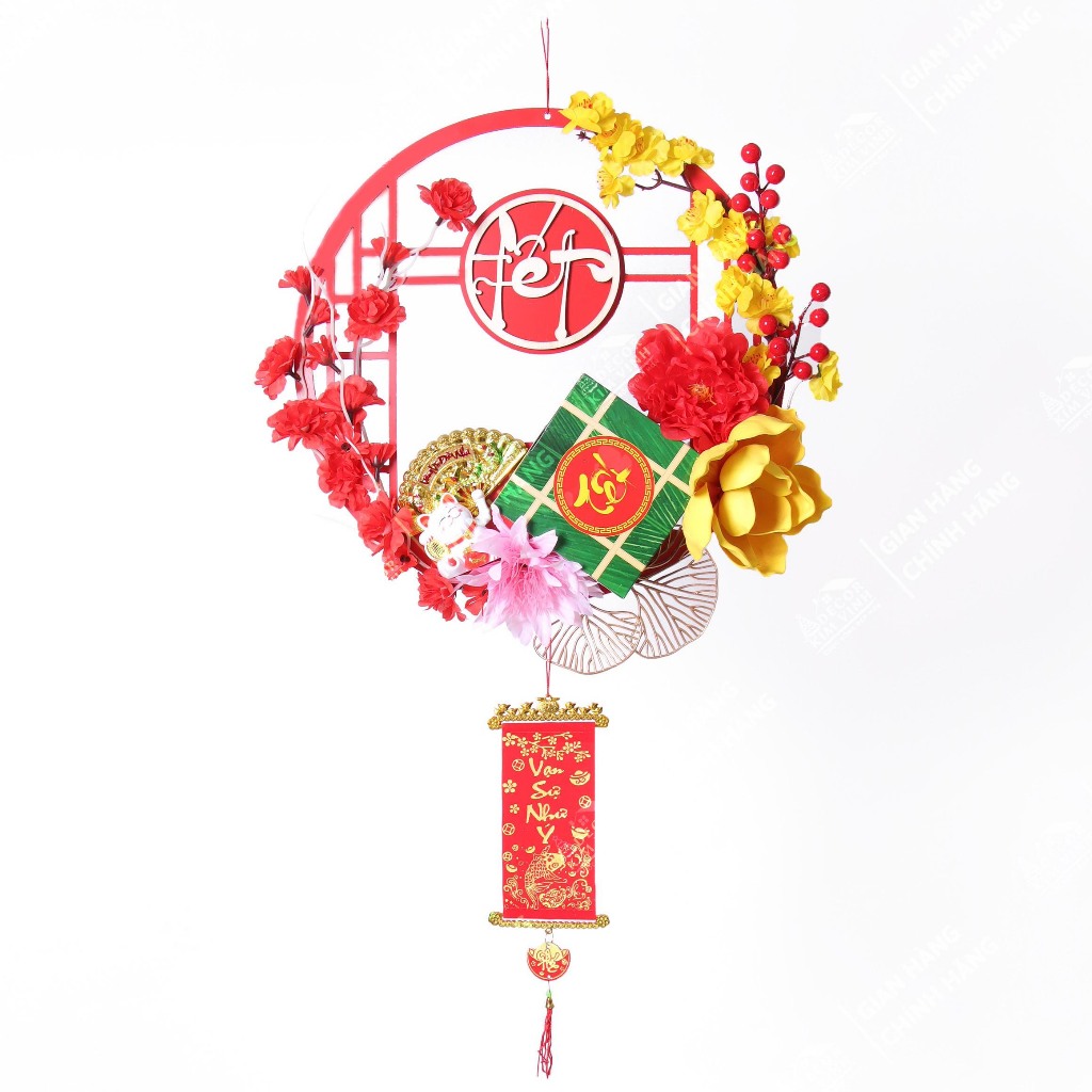 Vòng Hoa Tết H74 40cm Kèm Đèn, Vòng Hoa Trang Trí Tết Xuân
