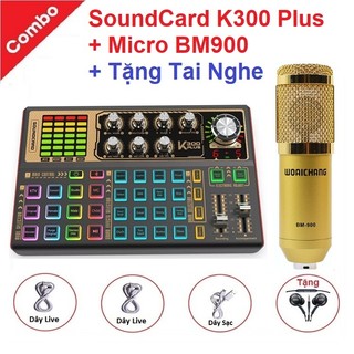 Combo Micro BM900 và Soundcard K300 Plus – Thu Âm Hát Live Stream, Karaoke, AutoTune, Giả Giọng, Cực Hay, Có Bluetooth