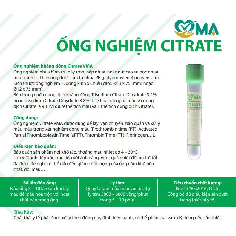 Ống nghiệm kháng đông CITRATE túi 15 cái HTM VMA