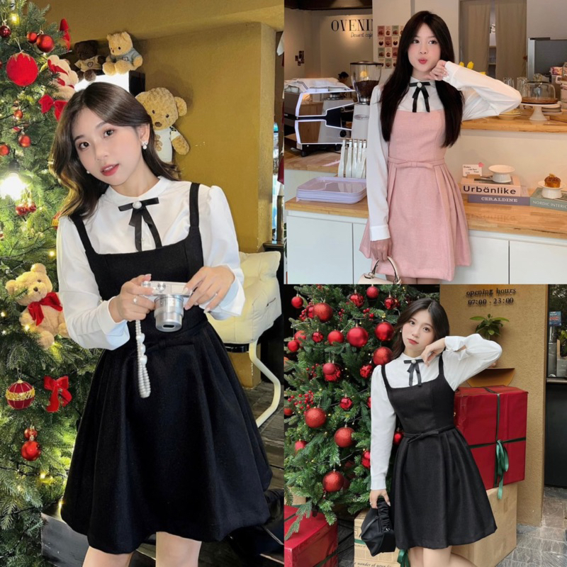 VÁY DẠ *LALA DRESS* mix sơ mi kèm nơ eo chiết ly xoè ❗️(váy liền sơ mi)
